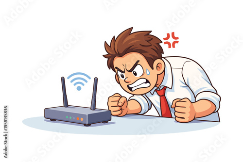 Frustrated man angry at a faulty wireless internet router with Wi-Fi signal