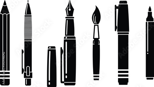 Pen and pencil silhouettes vector illustration, writing tools set with fountain pen marker and brush, black stationery icons isolated for office and education design