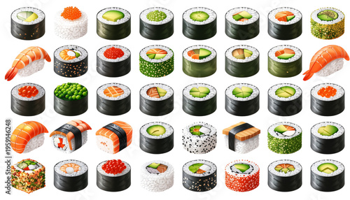 Detailed vector collection of sushi rolls and nigiri, showcasing diverse maki varieties, toppings, and fillings with vibrant colors in a clean, organized layout