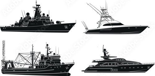 Ship silhouettes vector illustration, naval warship fishing boat luxury yacht and sport vessel set, marine transportation icons, black isolated nautical design collection