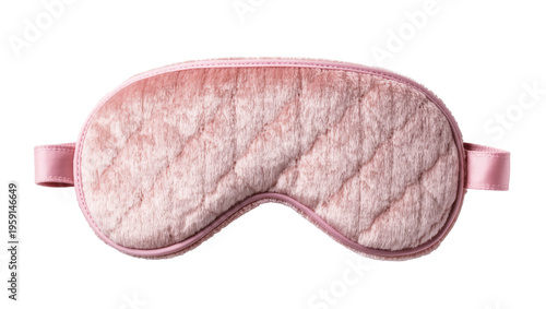 Foto Soft pink plush sleep mask with quilted texture and satin ribbon ties, isolated