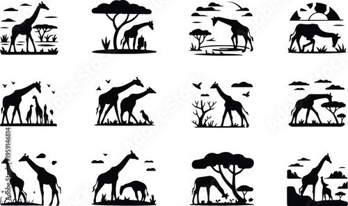 Giraffe Silhouette Icon Collection Set