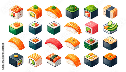 Vibrant isometric vector set of sushi varieties, featuring nigiri, maki, and specialty rolls with fresh fish, rice, and toppings in a modern, colorful 3D style