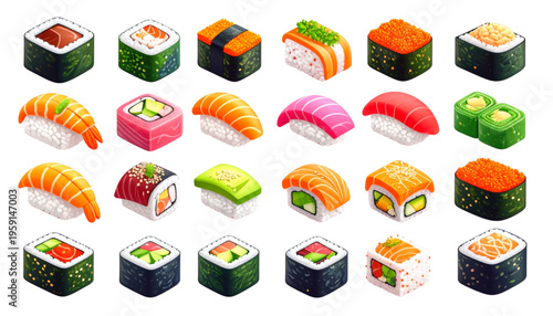 Vibrant isometric vector set of sushi varieties, featuring nigiri, maki, and specialty rolls with fresh fish, rice, and toppings in a modern, colorful 3D style