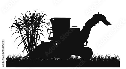 Silhouette of a leaf mulcher machine next to a plant on grassy terrain with white background for gardening and landscaping concepts