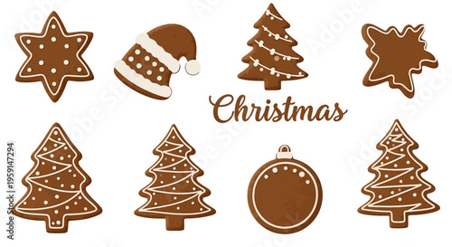 Christmas cookies in brown on white background with festive holiday shapes and decorations