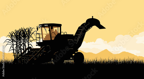 Combine harvester silhouette harvesting corn at sunset on rural landscape