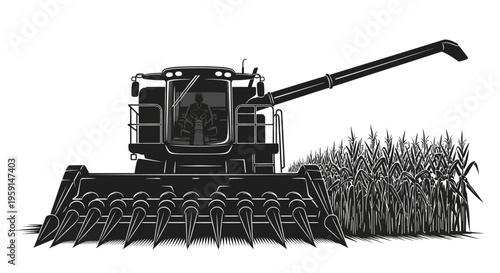 Combine harvester machine cuts through lush green wheat field in agricultural landscape