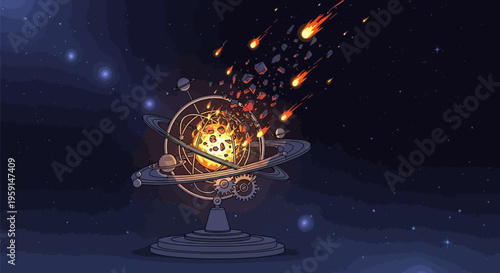 Armillary sphere with glowing sun exploding in space with meteorites and planets