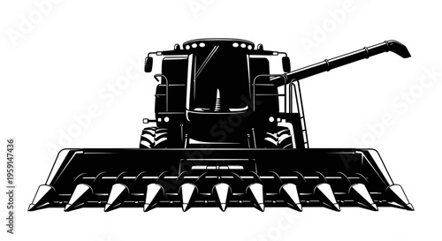 Harvester machine front view black illustration on white background agricultural equipment for crop harvesting
