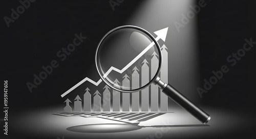 Magnifying Glass Over Upward Trend Graph in Spotlight