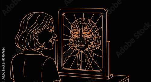 Woman gazes at shattered mirror reflection with broken glass effect on screen