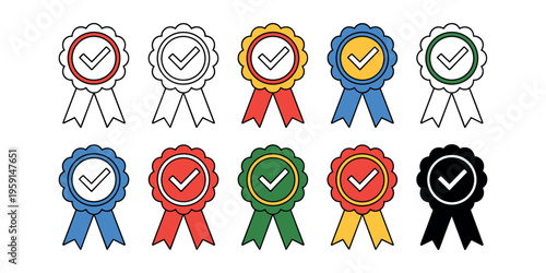 Colorful ribbons with checkmarks rosettes badges awards in white background
