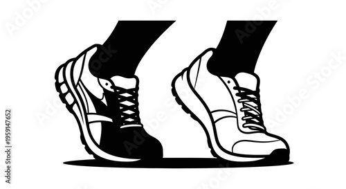 Black and white illustration of a person's feet wearing sneakers in contrasting colors one black and one white on a clean white background symbolizing differences or choices
