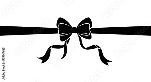 Elegant black bow with ribbons on white background symbolizing gift wrapping and celebration