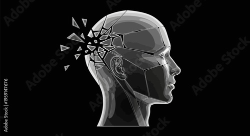 Digital human head with exploded brain symbolizing mental overwhelm and technological innovation
