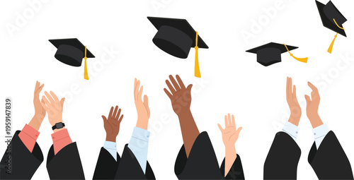 Graduates are joyously tossing their black mortarboard caps into the air during a celebratory commencement ceremony, marking.
