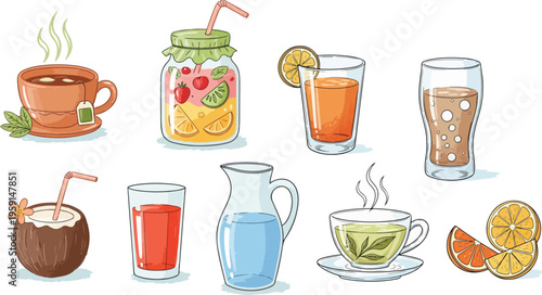 Set of Healthy Summer Drinks and Refreshing Organic Beverages Isolated on White Background for Wellness and Earth Day Concept