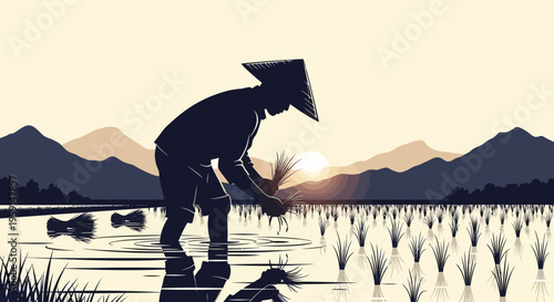 Silhouette of a farmer planting rice in a serene paddy field at sunset with mountains in the background