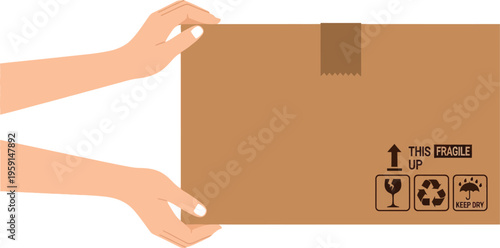 Hands are carefully holding a brown cardboard shipping box with fragile and recycling symbols, indicating careful delivery.