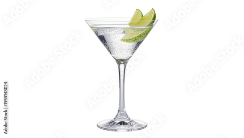 Sparkling clear lime gin fizz cocktail in elegant stemmed glass garnished with fresh lime wedge, isolated on transparent background for beverage ads