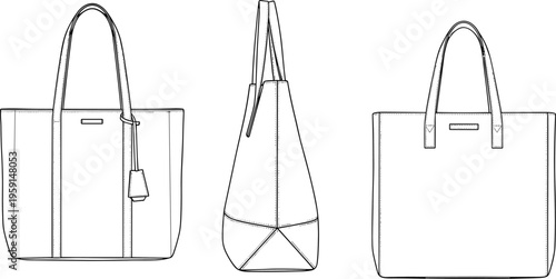 tote bag technical sketch, leather handbag blueprint, fashion accessory cad drawing, front side back views, minimalist line art vector illustration