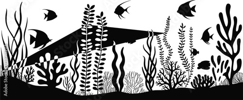 "Underwater silhouette illustration, swordfish, coral reef plants, seaweed, tropical fish, marine ecosystem, aquatic biodiversity, ocean life, aquarium design"