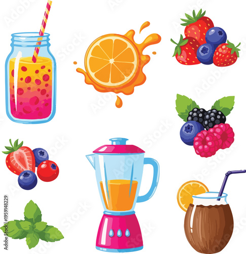 Fresh Fruit Smoothies and Summer Drinks Vector Illustration Set with Berries, Orange Juice, and Blender for Healthy Lifestyle Concept