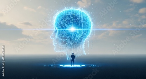 Futuristic human silhouette standing beneath glowing digital brain illustration