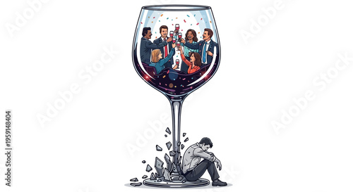 Lonely businessman sits under wine glass with happy party crowd inside