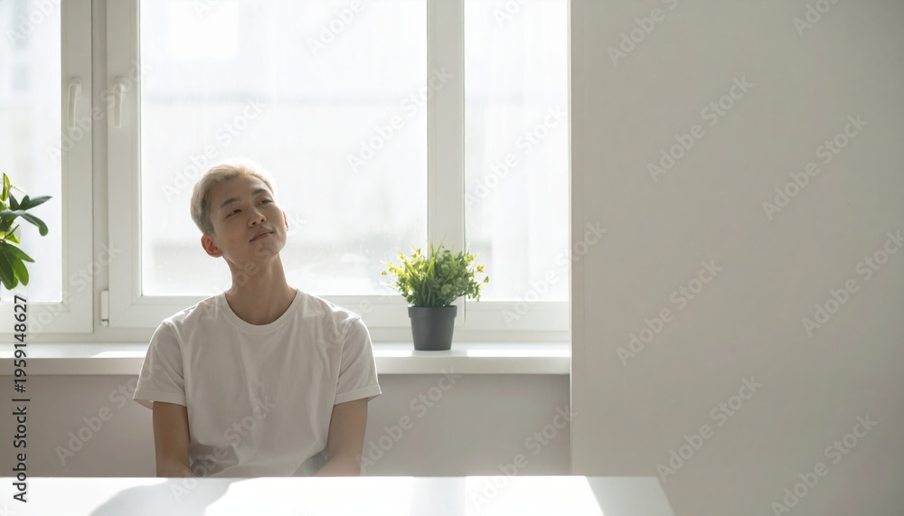 © Teeradej - Mental wellness, depression. Young person sitting by window with plants, wearing white shirt, in bright, minimalist room
