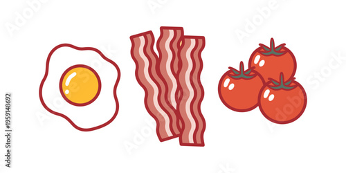 Fried egg strips of bacon and tomatoes breakfast food in white background