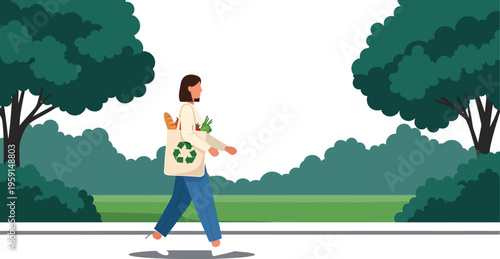 Woman walks in a park, carrying a reusable cloth shopping bag with a recycling symbol, promoting eco-friendly choices.