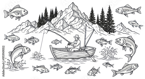 Fisherman in Boat Catching Fish with Mountain and Forest Background Sketch