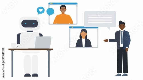 A robot and a man in a business suit are engaged in a video conference with two other people