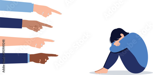 Depressed person sits alone on the ground, hunched over, as diverse hands point fingers, symbolizing social exclusion and bullying.