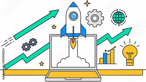 A colorful vector graphic illustrating a rocket launching from a laptop
