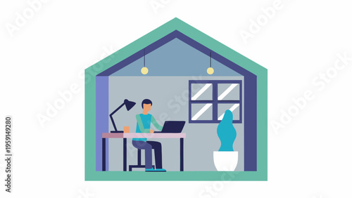 A man works from home at his desk with a laptop and lamp