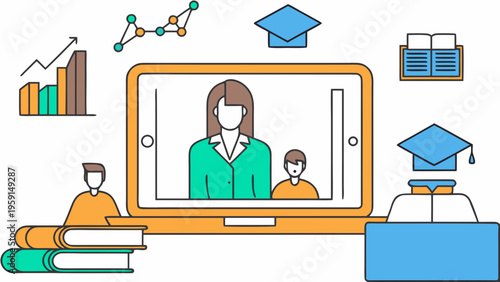 A colorful vector illustration of online education with a teacher and students