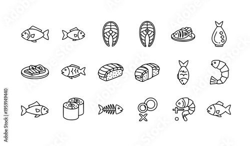 Fish Line Icon Set Seafood Food Symbol Collection Vector