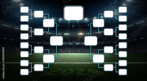 Soccer tournament bracket template with stadium background. An imaginary soccer stadium is modelled and rendered.
