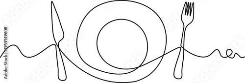 Continuous line drawing of a plate and cutlery on white background with drawing art