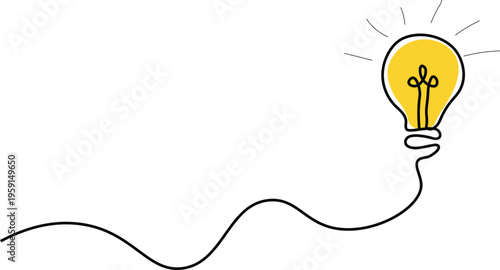 Line art illustration of a light bulb with glowing filament and connected cord
