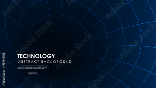 Wireframe tunnel featuring glowing blue grid curves into adark center evokes themes fo futuristic background.