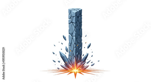 Exploding blue stone pillar with fragments and sparks on white background destruction concept