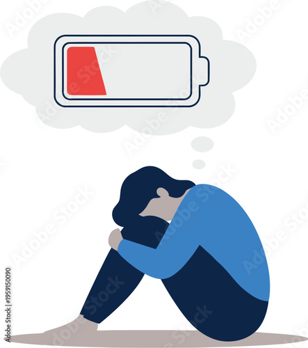Woman curls up clutching her knees while thinking about a nearly depleted battery indicating extreme fatigue and burnout.
