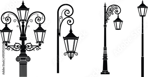 Vintage street lamp silhouette collection, decorative Victorian lantern posts with ornate metal design, classic urban lighting vector illustration isolated on white
