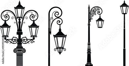 Vintage street lamp silhouettes vector collection, ornate Victorian lantern posts and decorative urban lighting fixtures, classic antique streetlight design elements