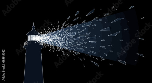 Lighthouse emits powerful beam of light through foggy stormy night environment