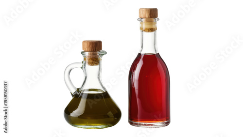 Photos Elegant glass bottles filled with dark balsamic vinegar and golden olive oil, is
